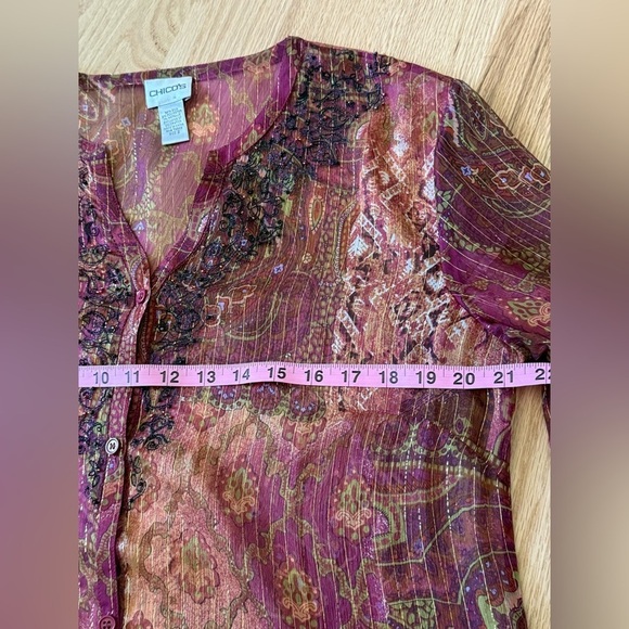 Chico’s Silk Sheer Beaded Delicate Boho Button Front Cardigan Paisley Size Large - Picture 5 of 13